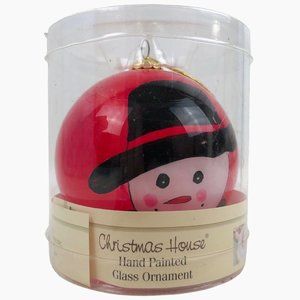 Christmas House Glass Ornament Hand Painted Snowman Red Christmas Holiday Decor